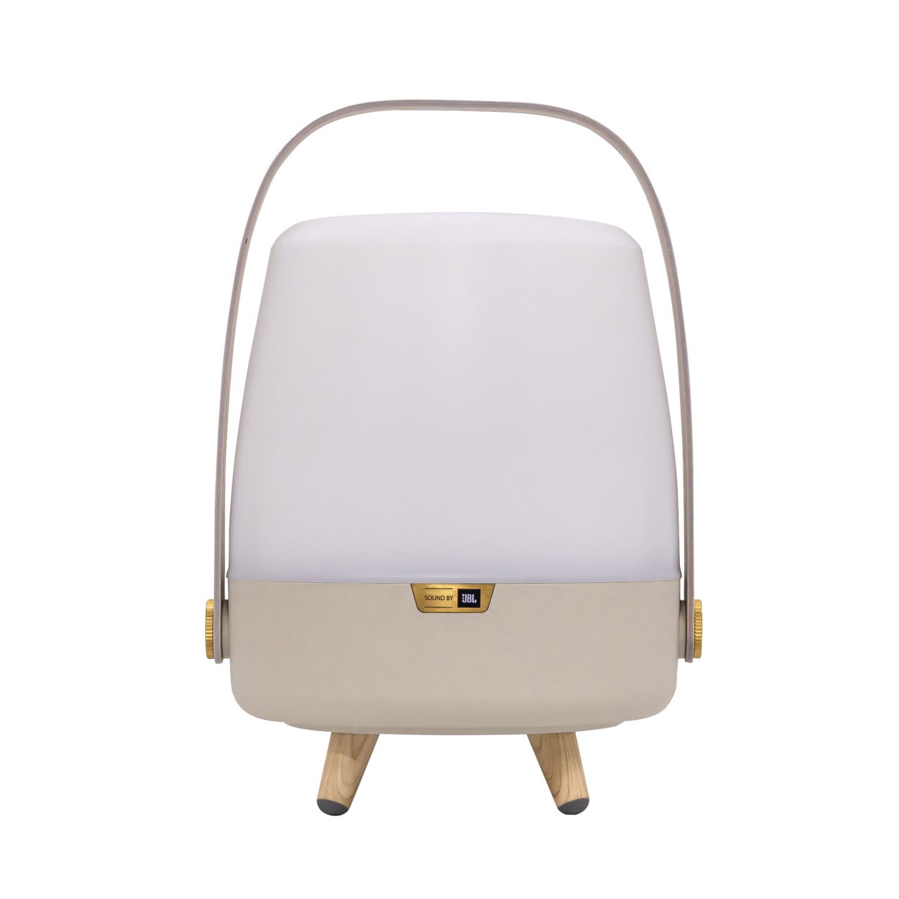 Frontansicht einer tragbaren Lampe mit Holzfüßen und einem Griff, Modell Lite-up Play Mini JBL Sand.