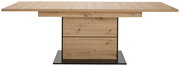 Moderner Esstisch aus Holz mit rechteckiger Tischplatte und stabiler Mittelsäule, Frontalansicht