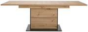 Moderner Esstisch aus Holz mit rechteckiger Tischplatte und stabiler Mittelsäule, Frontalansicht
