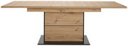 Moderner Esstisch aus Holz mit rechteckiger Tischplatte und stabiler Mittelsäule, Frontalansicht