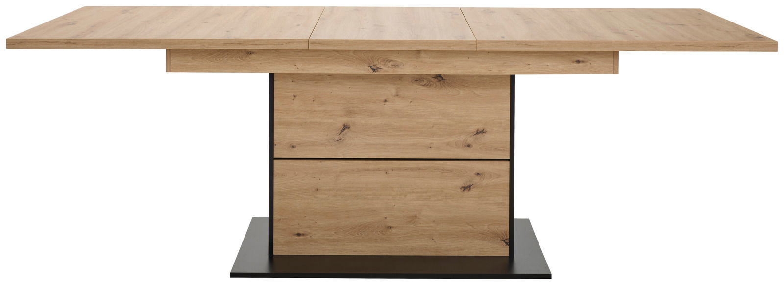 Moderner Esstisch aus Holz mit rechteckiger Tischplatte und stabiler Mittelsäule, Frontalansicht