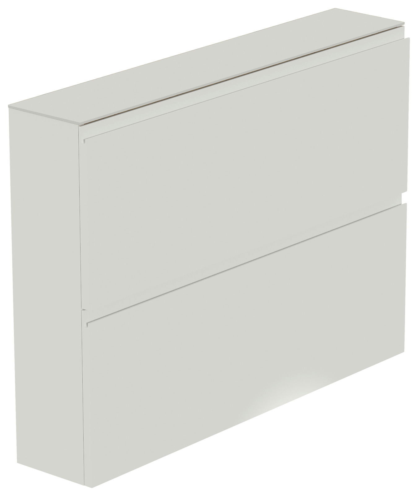 Moderner weißer Hängeschuhschrank mit zwei Klappen, seitliche Perspektive