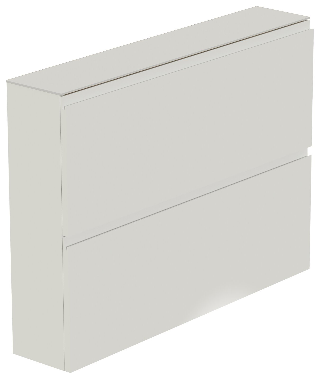 Moderner weißer Hängeschuhschrank mit zwei Klappen, seitliche Perspektive