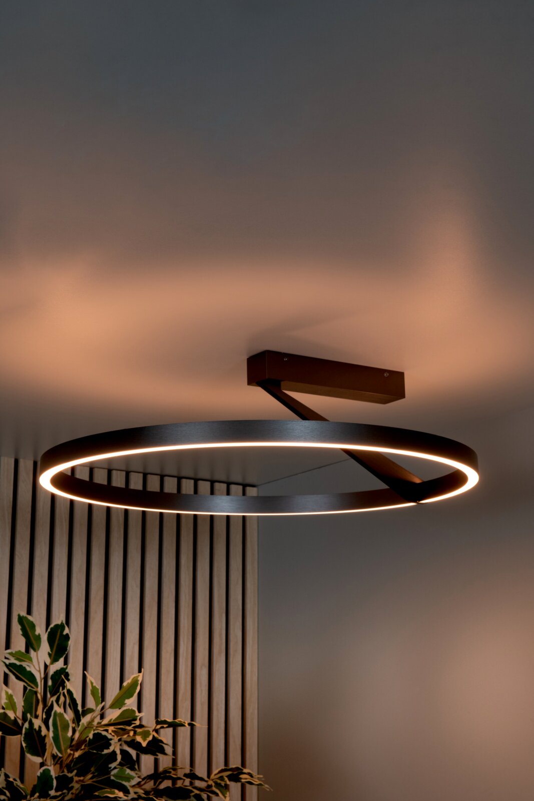Moderne, ringförmige LED-Deckenleuchte in Schwarz mit warmweißem Licht, an rechteckiger Deckenhalterung befestigt; Perspektive: leicht von unten im Raumwinkel aufgenommen.