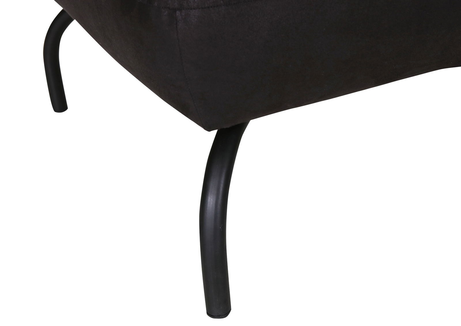 Z2 Hocker EVELINE Nahaufnahme eines schwarzen Hockers mit gebogenen Metallbeinen, seitliche Perspektive