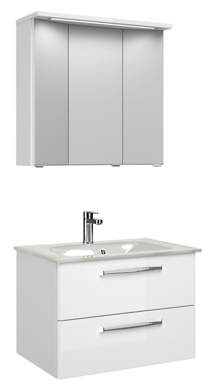 Moderner Badblock mit Spiegelschrank und Waschbecken, Frontalansicht