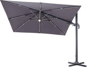 Großer, rechteckiger Ampelschirm in dunkler Farbe, seitliche Perspektive mit stabilem Standfuß und LED-Beleuchtung in der Mitte.