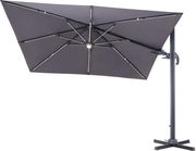 Großer, rechteckiger Ampelschirm in dunkler Farbe, seitliche Perspektive mit stabilem Standfuß und LED-Beleuchtung in der Mitte.