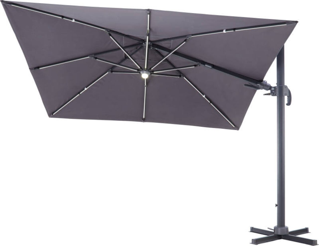 Grote, rechthoekige parasol in een donkere kleur, zijaanzicht met een stevige voet en ledverlichting in het midden.