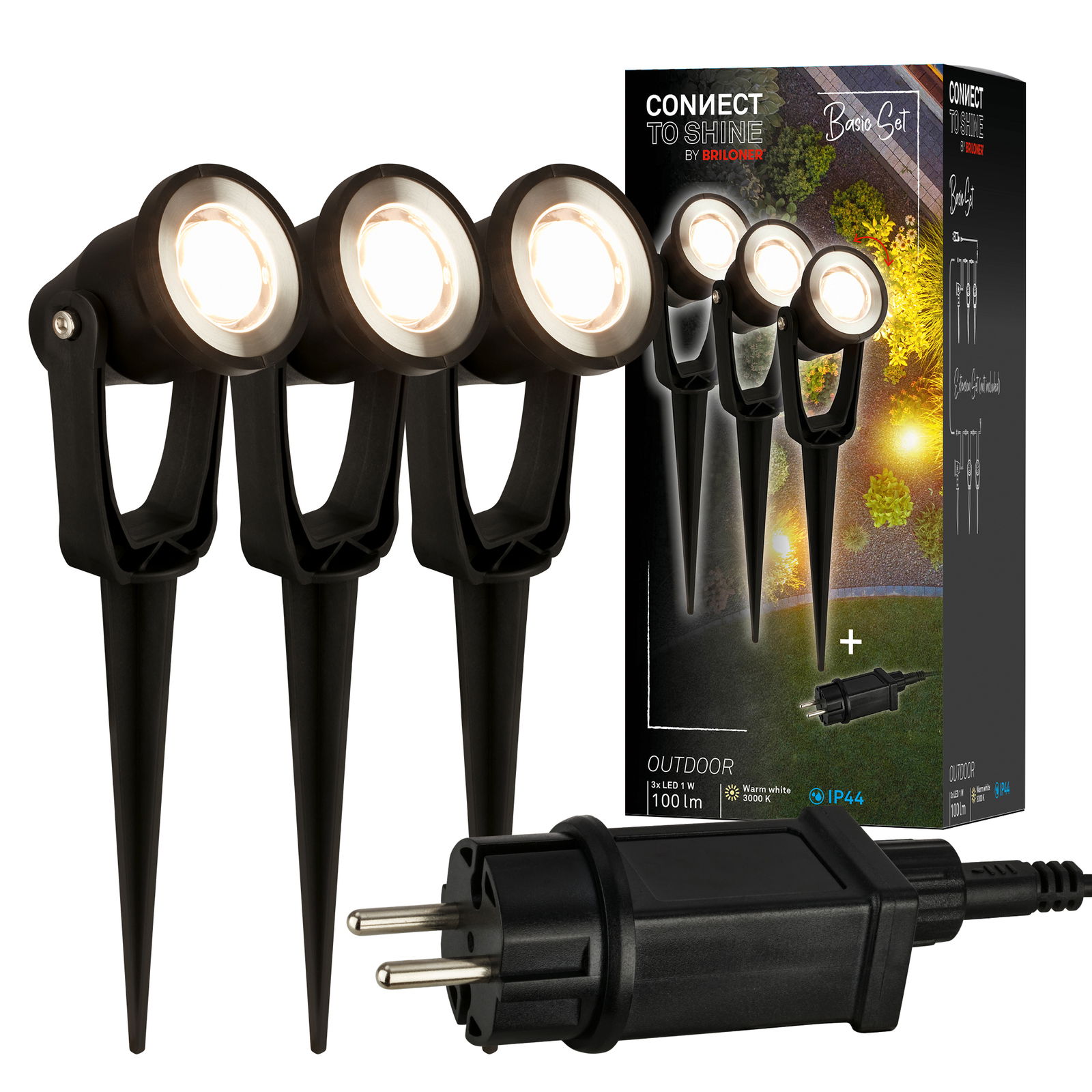 Erdspieß Spot-Starter-Set mit drei schwarzen LED-Spots und einem Stecker, seitliche Perspektive