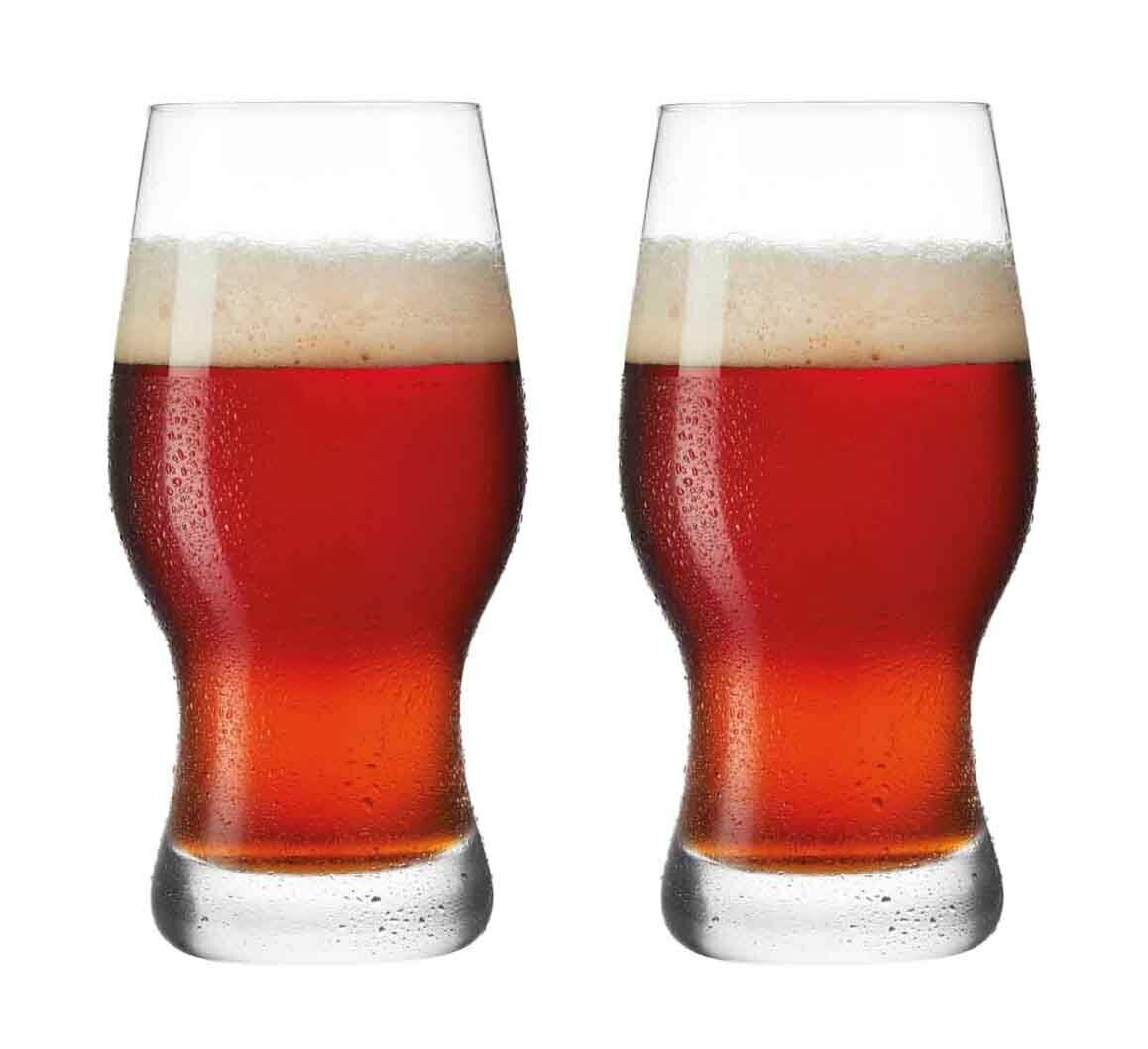 Zwei Bierbecher Taverna 500ml, gefüllt mit rotem Bier und Schaumkrone, frontale Ansicht.