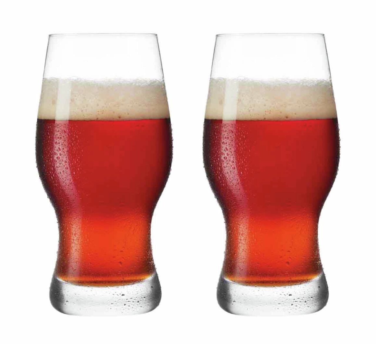 Zwei Bierbecher Taverna 500ml, gefüllt mit rotem Bier und Schaumkrone, frontale Ansicht.