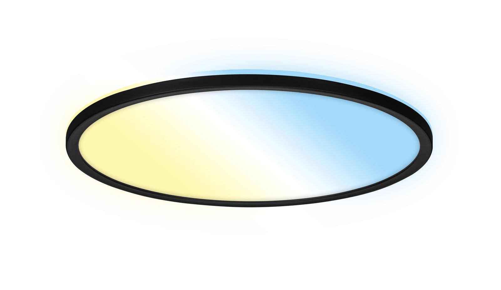 Runde LED-Deckenleuchte mit schwarzem Rahmen, leuchtet in warmem Gelb und kühlem Blau, seitliche Perspektive