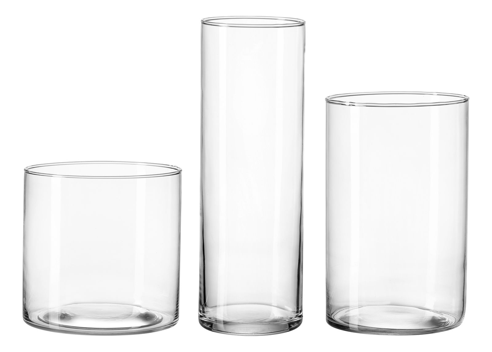 Dreiteiliges Vasenset aus klarem Glas, bestehend aus unterschiedlich hohen zylindrischen Vasen, frontal abgebildet.