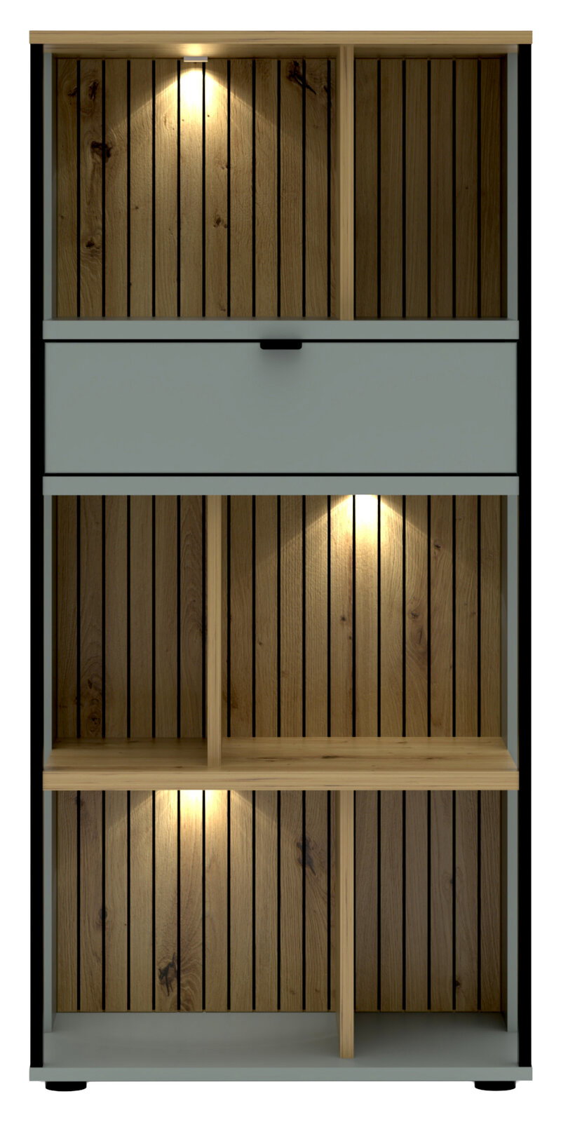 Frontansicht eines modernen Büroregals mit Holzvertäfelung und integrierter Beleuchtung.