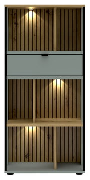 Frontansicht eines modernen Büroregals mit Holzvertäfelung und integrierter Beleuchtung.