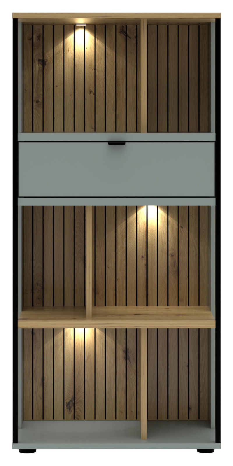 Frontansicht eines modernen Büroregals mit Holzvertäfelung und integrierter Beleuchtung.