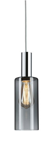 Hängelampe mit transparentem Glaszylinder und sichtbarer Glühbirne, seitliche Perspektive