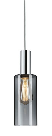 Hängelampe mit transparentem Glaszylinder und sichtbarer Glühbirne, seitliche Perspektive