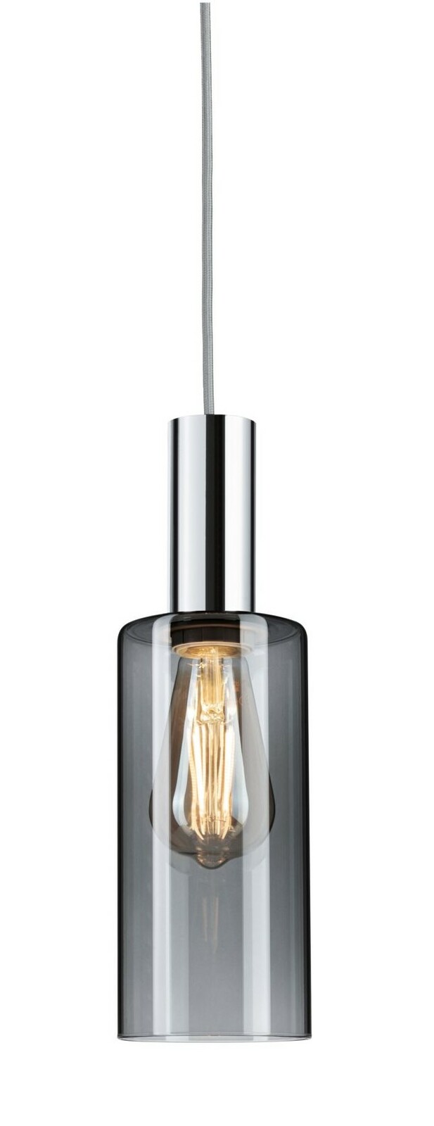 Hängelampe mit transparentem Glaszylinder und sichtbarer Glühbirne, seitliche Perspektive