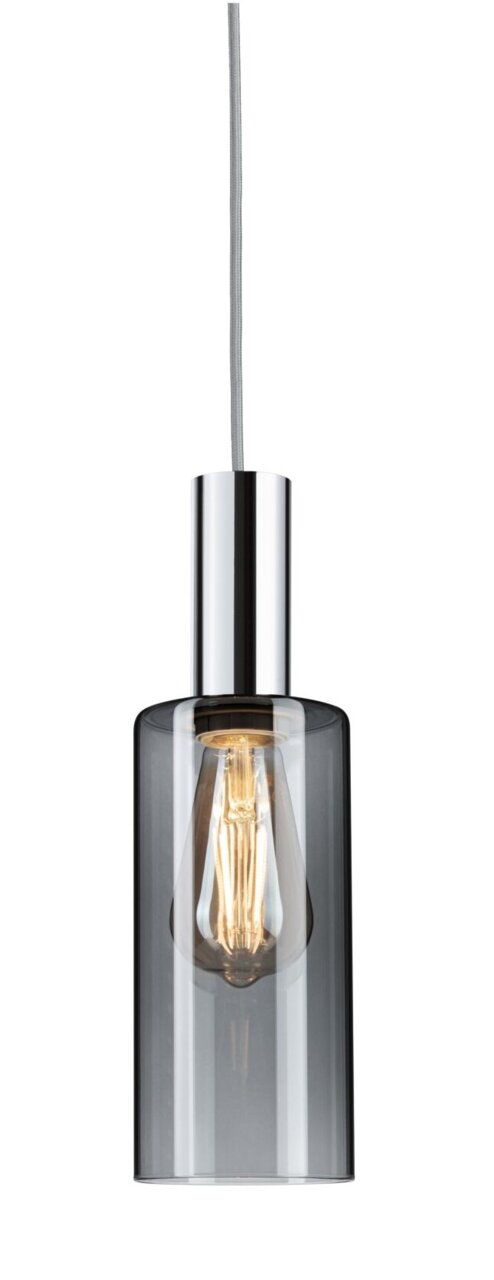 Hanglamp met een doorzichtige glazen cilinder en zichtbare gloeilamp, zijaanzicht