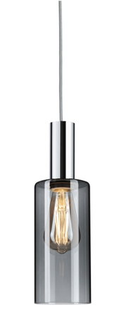 Hanglamp met een doorzichtige glazen cilinder en zichtbare gloeilamp, zijaanzicht
