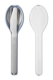 Besteckset Ellipse 3-teilig in blauer Halterung, bestehend aus Messer, Gabel und Löffel, aus der Vogelperspektive fotografiert.