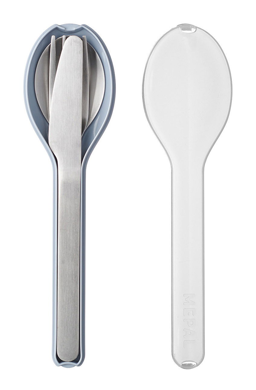 Besteckset Ellipse 3-teilig in blauer Halterung, bestehend aus Messer, Gabel und Löffel, aus der Vogelperspektive fotografiert.