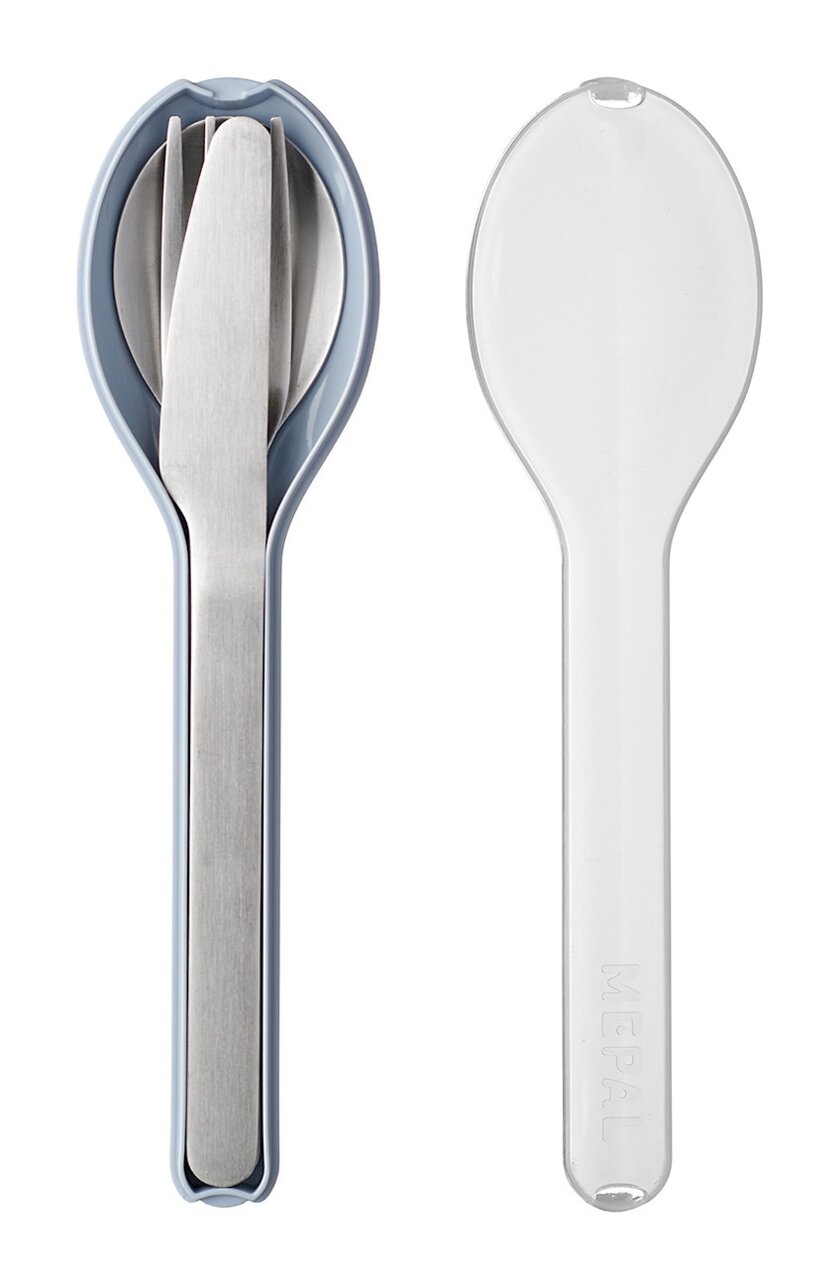 Besteckset Ellipse 3-teilig in blauer Halterung, bestehend aus Messer, Gabel und Löffel, aus der Vogelperspektive fotografiert.