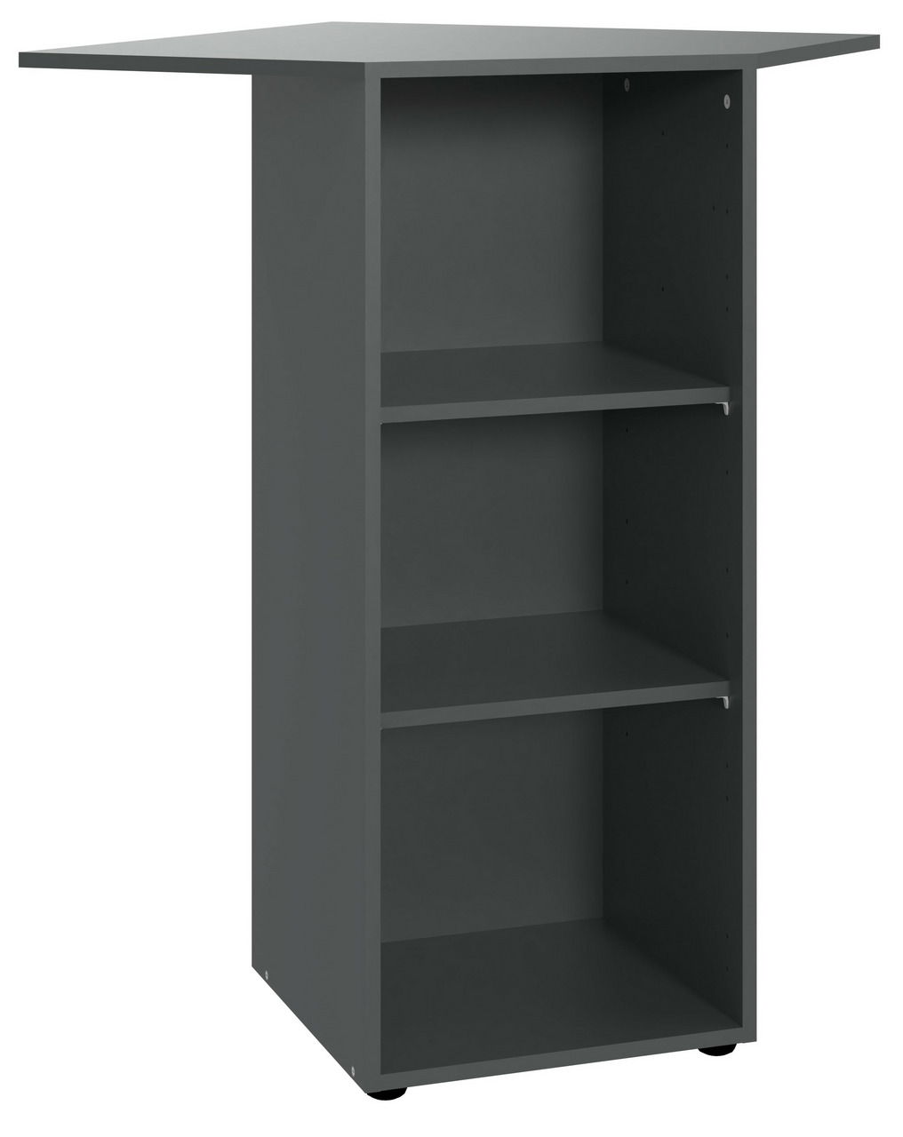 XORA Eckregal niedrig MULTIRAUMKONZEPT Eckregal niedrig in dunklem Grau mit drei offenen Fächern, perspektivisch von vorne links betrachtet.