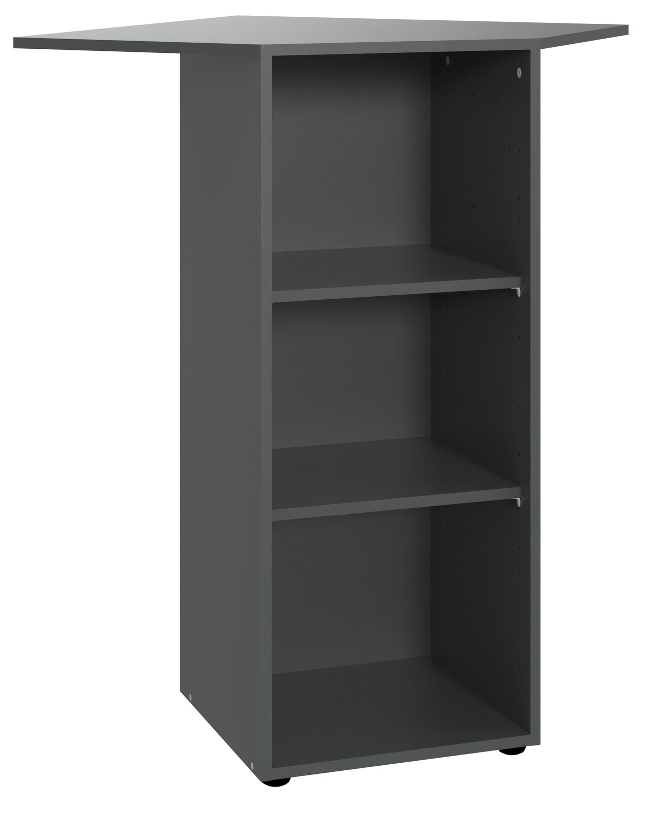 XORA Eckregal niedrig MULTIRAUMKONZEPT Eckregal niedrig in dunklem Grau mit drei offenen Fächern, perspektivisch von vorne links betrachtet.