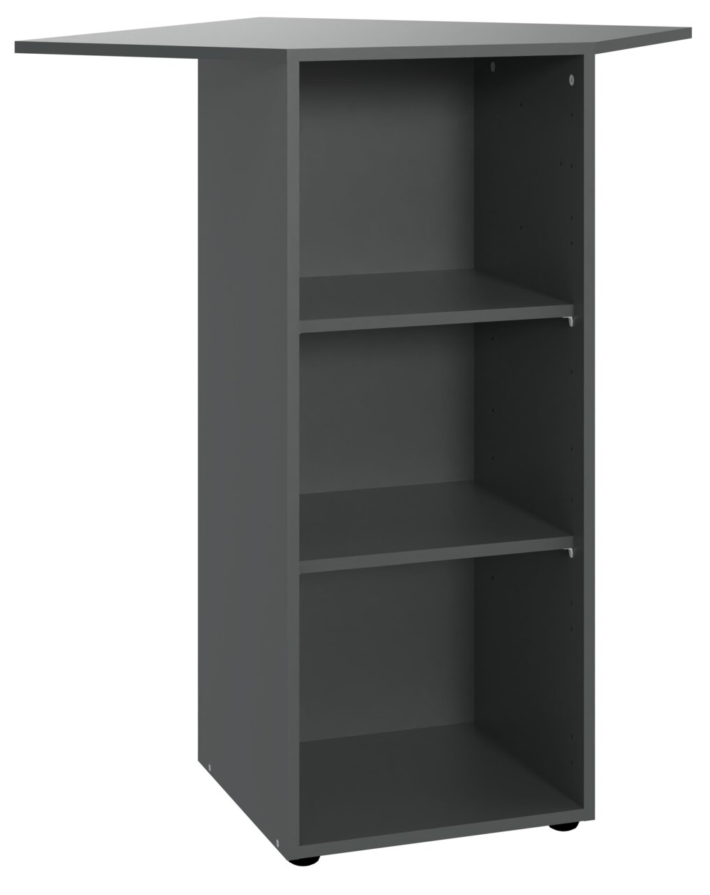 XORA Eckregal niedrig MULTIRAUMKONZEPT Eckregal niedrig in dunklem Grau mit drei offenen Fächern, perspektivisch von vorne links betrachtet.