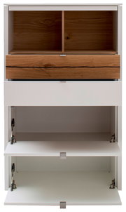 Frontansicht einer Highboard-Vitrine mit offenen Fächern und Schubladen in Holzoptik.