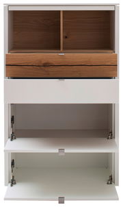Frontansicht einer Highboard-Vitrine mit offenen Fächern und Schubladen in Holzoptik.