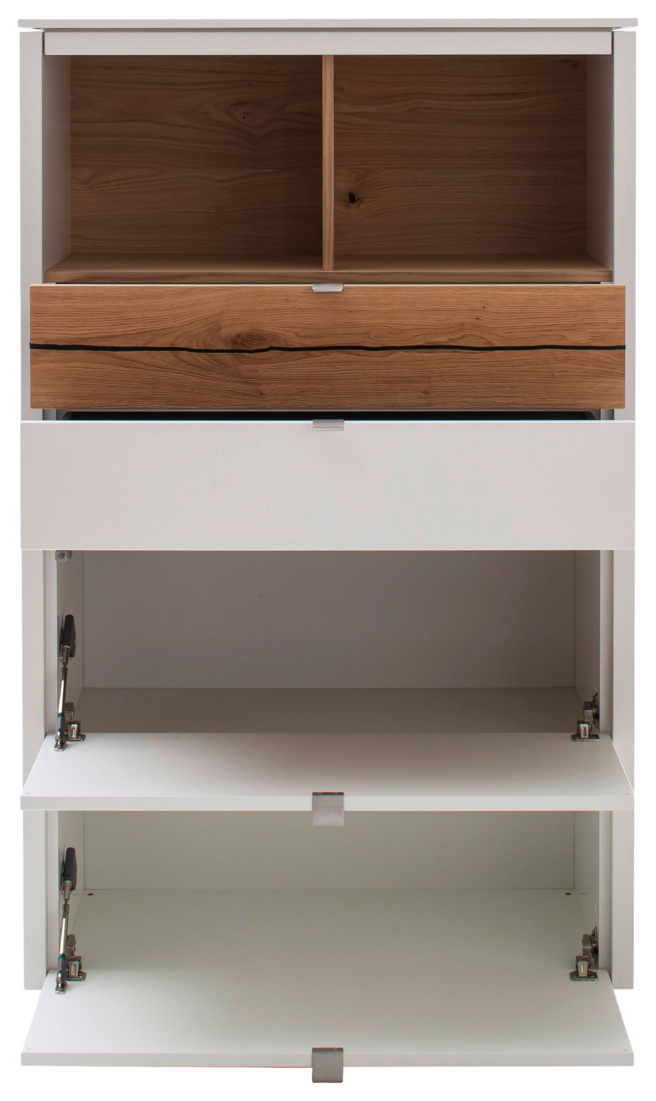 Frontansicht einer Highboard-Vitrine mit offenen Fächern und Schubladen in Holzoptik.