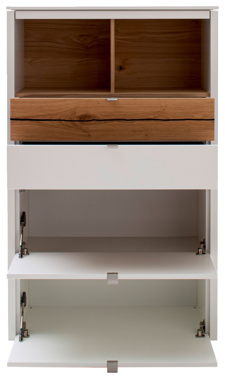 Frontansicht einer Highboard-Vitrine mit offenen Fächern und Schubladen in Holzoptik.
