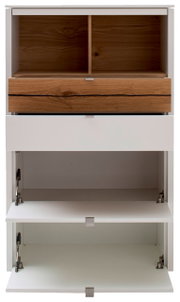 Frontansicht einer Highboard-Vitrine mit offenen Fächern und Schubladen in Holzoptik.