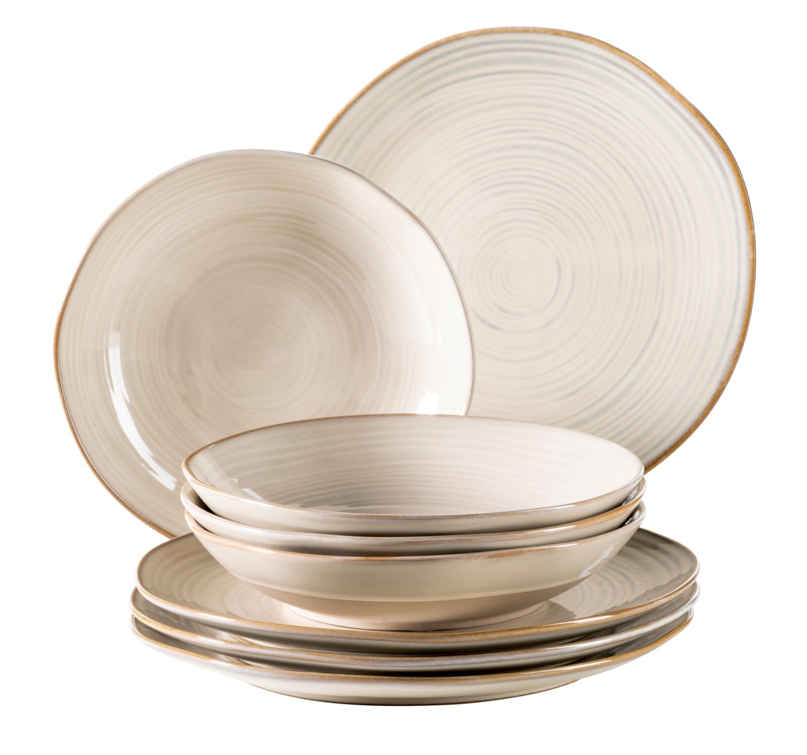 Keramik-Geschirrset in Creme/Beige mit feinen Spiralrillen und braunem Rand, bestehend aus Tellern und Schalen, frontal in leicht erhöhter Perspektive fotografiert