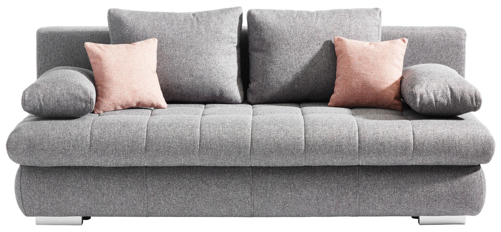 Ti´me Schlafsofa STELLA Graues Funktionssofa mit zwei rosa Kissen, frontal betrachtet