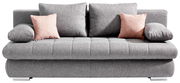 Graues Funktionssofa mit zwei rosa Kissen, frontal betrachtet