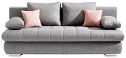 Graues Funktionssofa mit zwei rosa Kissen, frontal betrachtet