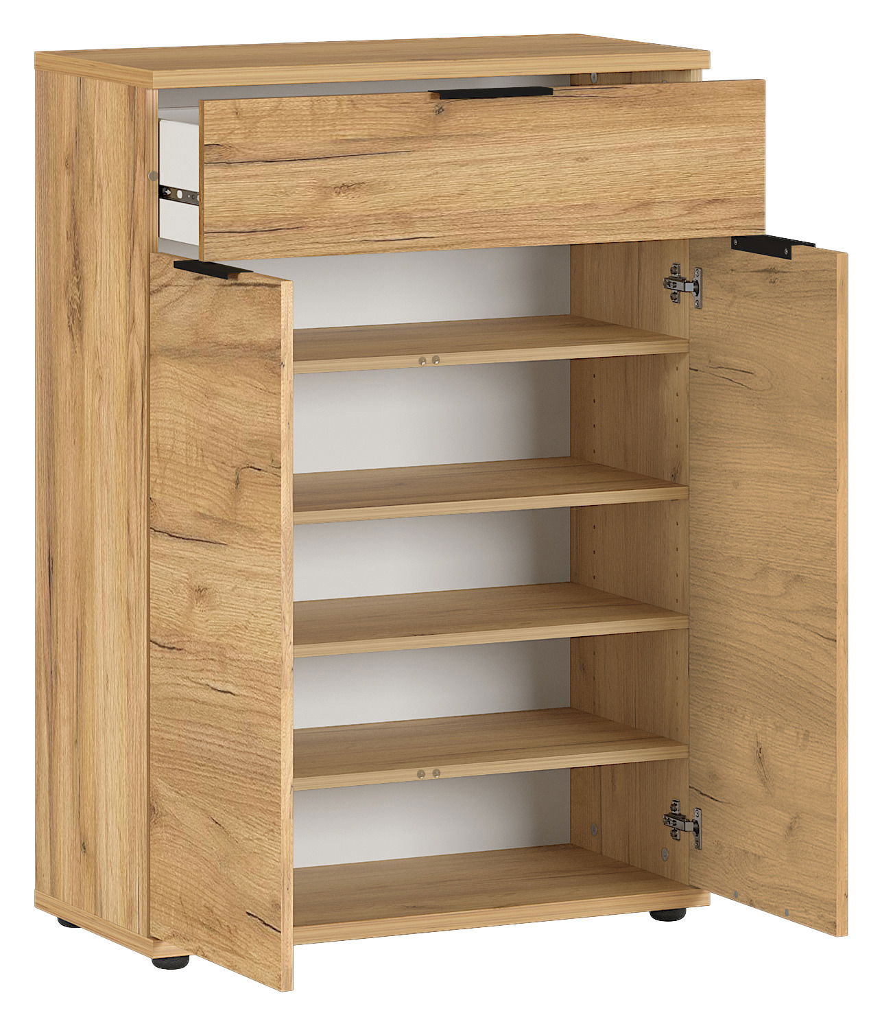 MID.YOU Schuhschrank FREMONT Schuhschrank aus Holz mit einer offenen Schublade und zwei geöffneten Türen, die mehrere Regalböden zeigen, Perspektive von vorne links