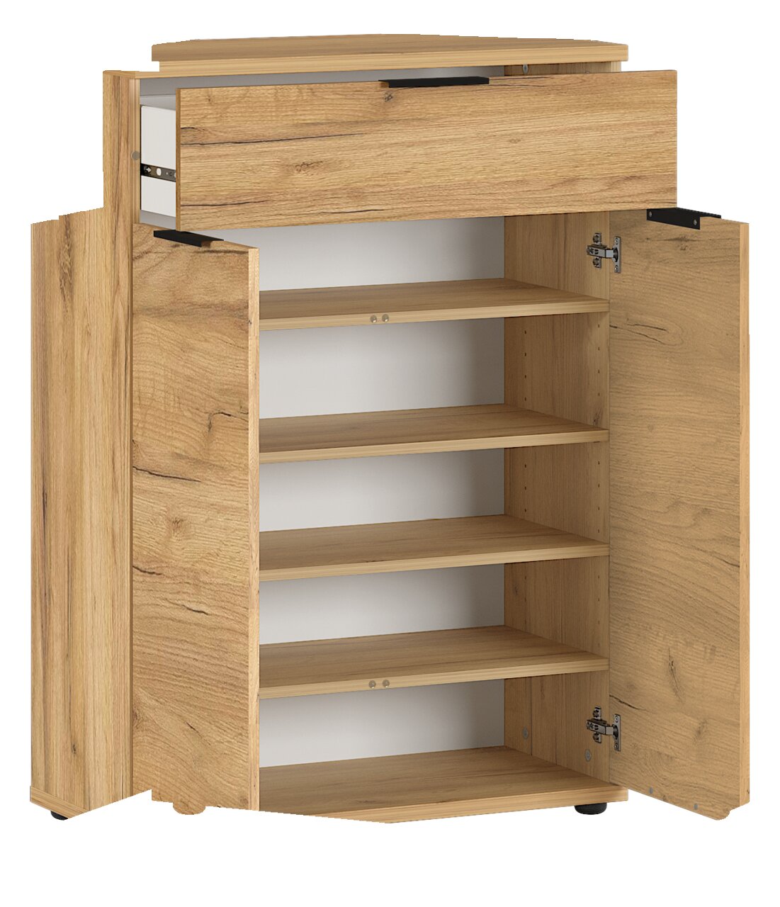 Schuhschrank aus Holz mit einer offenen Schublade und zwei geöffneten Türen, die mehrere Regalböden zeigen, Perspektive von vorne links