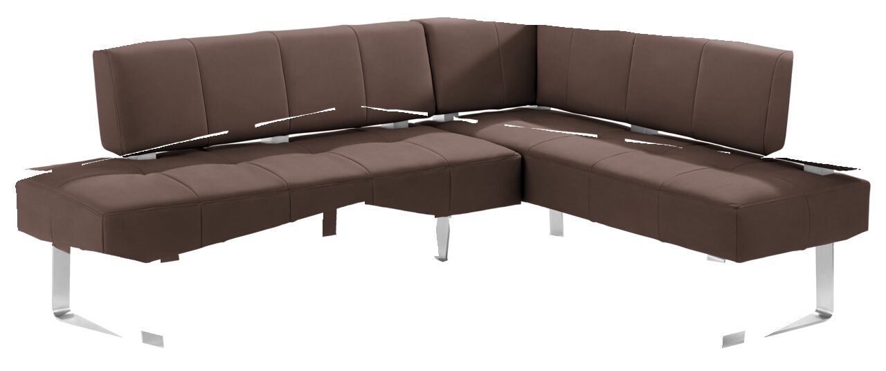 Braune Eckbank mit modernem Design und Metallbeinen, seitliche Perspektive