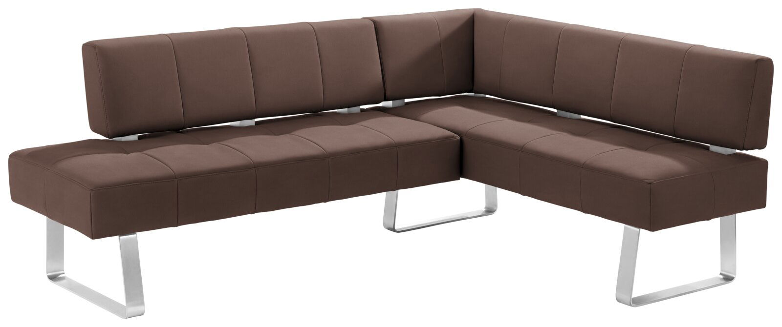 Braune Eckbank mit modernem Design und Metallbeinen, seitliche Perspektive