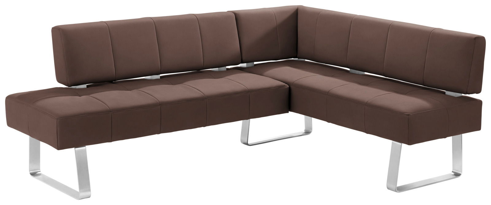 Braune Eckbank mit modernem Design und Metallbeinen, seitliche Perspektive
