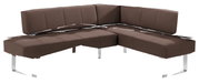 Braune Eckbank mit modernem Design und Metallbeinen, seitliche Perspektive