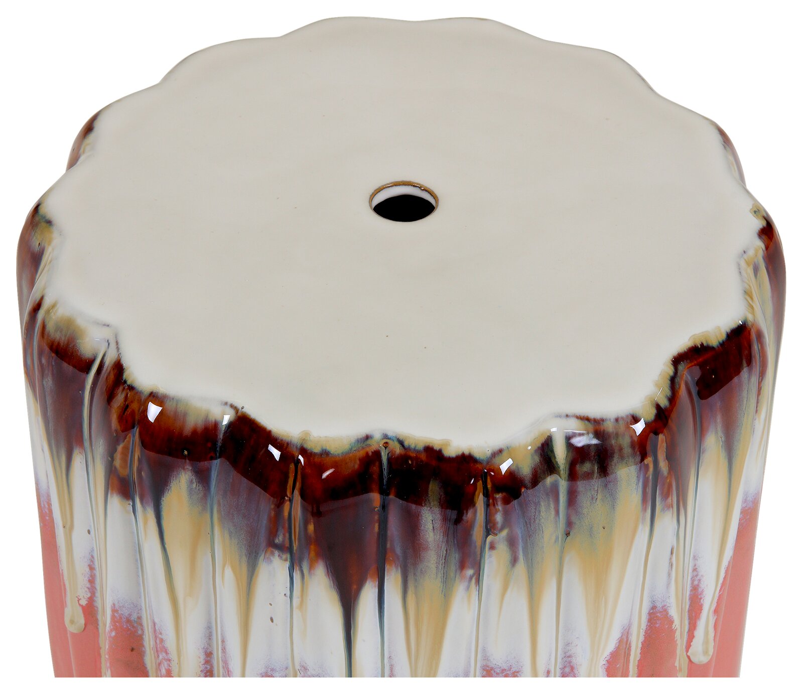 Keramik-Gartenhocker oder Beistelltisch mit wellenförmiger Oberseite und mittigem Loch, cremeweiße Glasur mit braun-blauen Verlaufsspuren, Draufsicht leicht schräg von oben