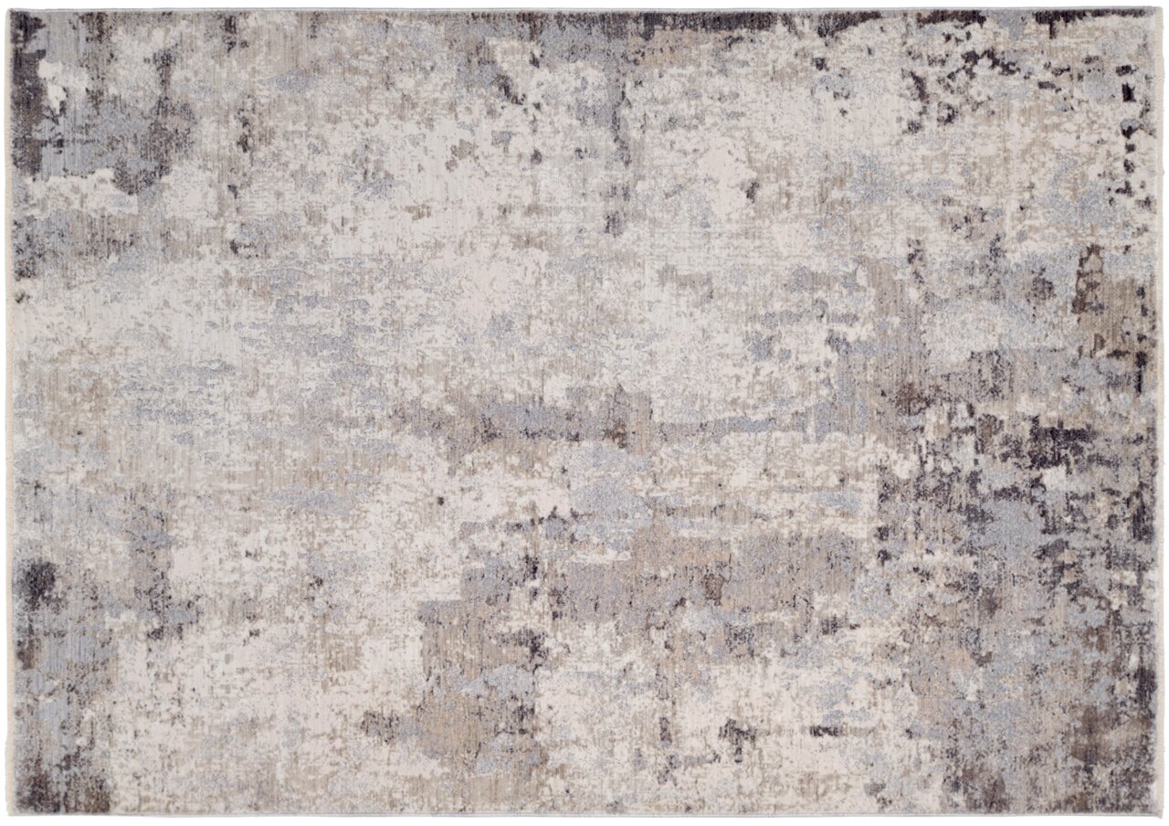 Moderner Designer-Teppich in abstraktem Muster mit neutralen Farbtönen, aus der Vogelperspektive fotografiert.