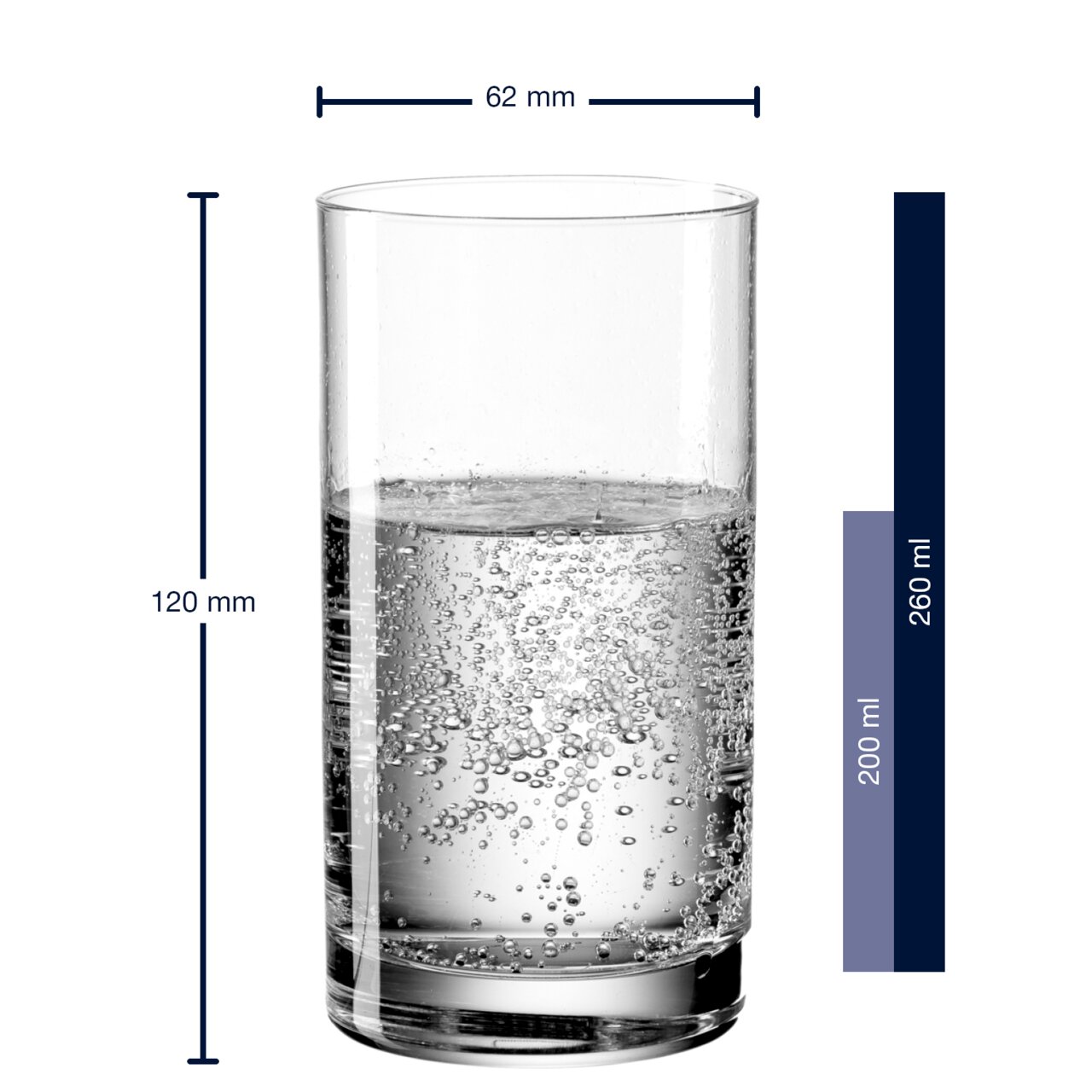 Leonardo Trinkglas EASY Trinkglas Easy+ 260ml, zylindrische Form, gefüllt mit sprudelndem Wasser, seitliche Ansicht